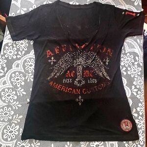 Affliction, Black and Orange Burnout V-Neck Short Sleeve T-Shirt, Size L…